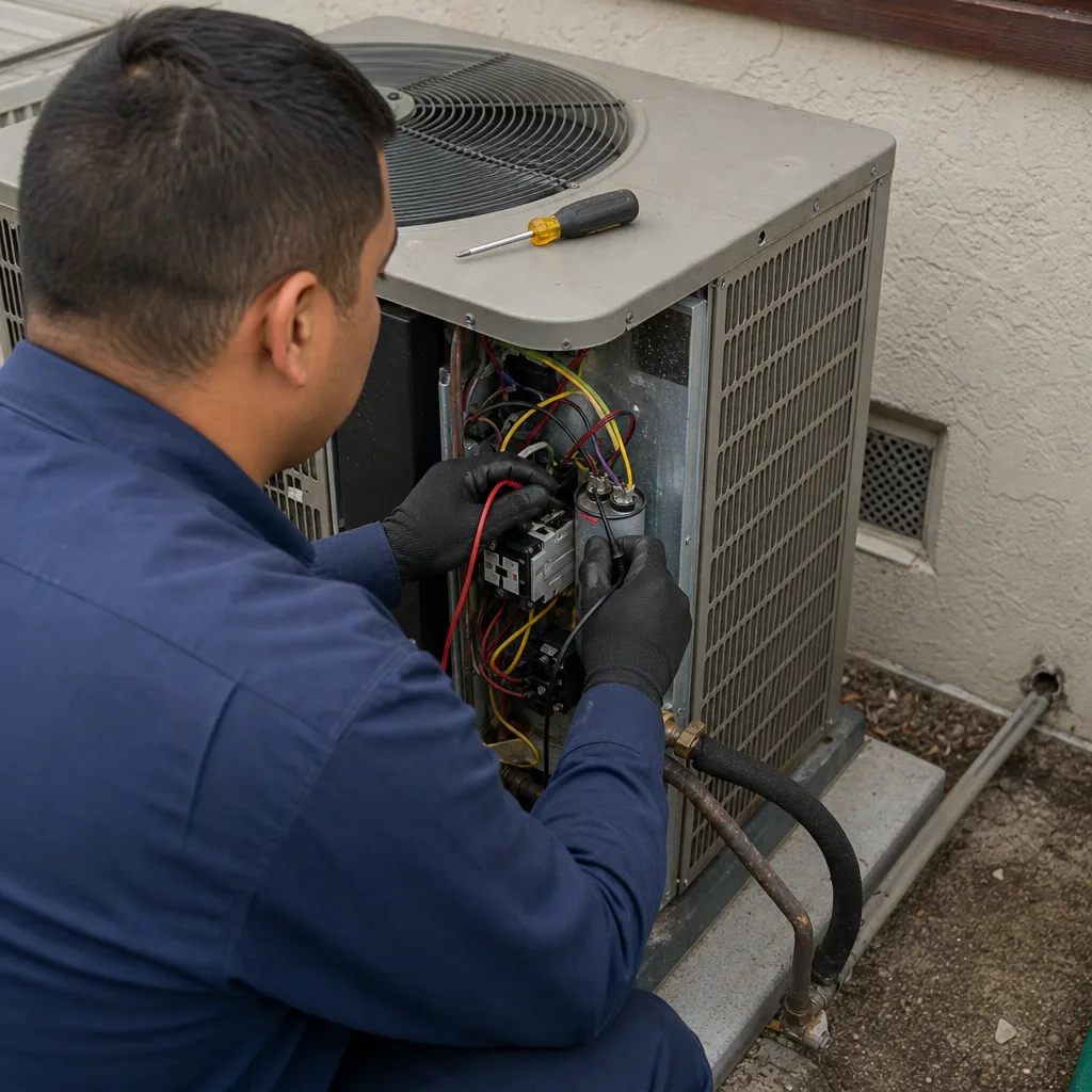 HVAC technician performing an AC repair on an outdoor condenser unit