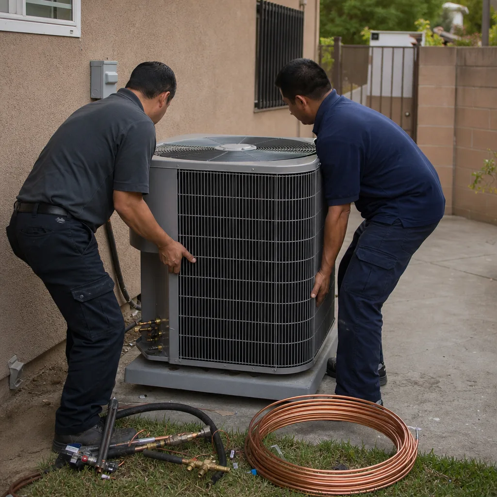Two professional technicians repairing a residential air conditioning unit outdoors