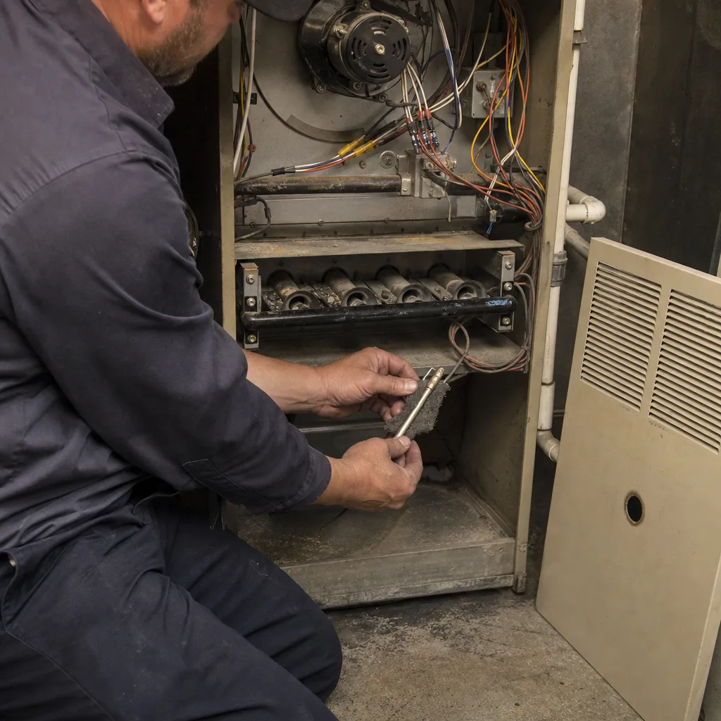 HVAC technician performing professional furnace repair and maintenance