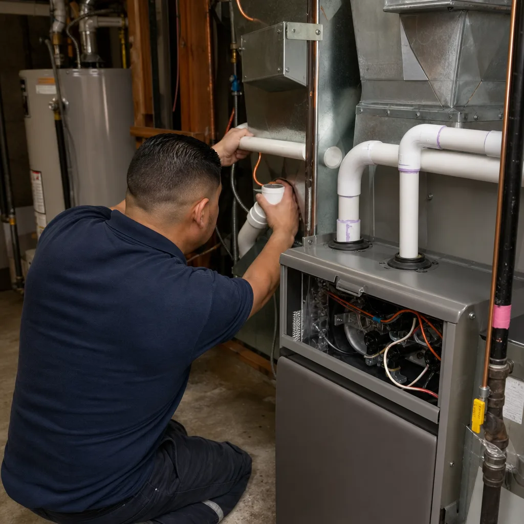 HVAC technician performing furnace repair and maintenance service