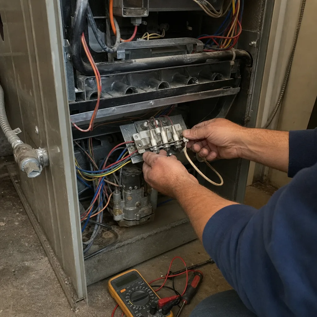 HVAC technician performing professional furnace repair and diagnostic testing.