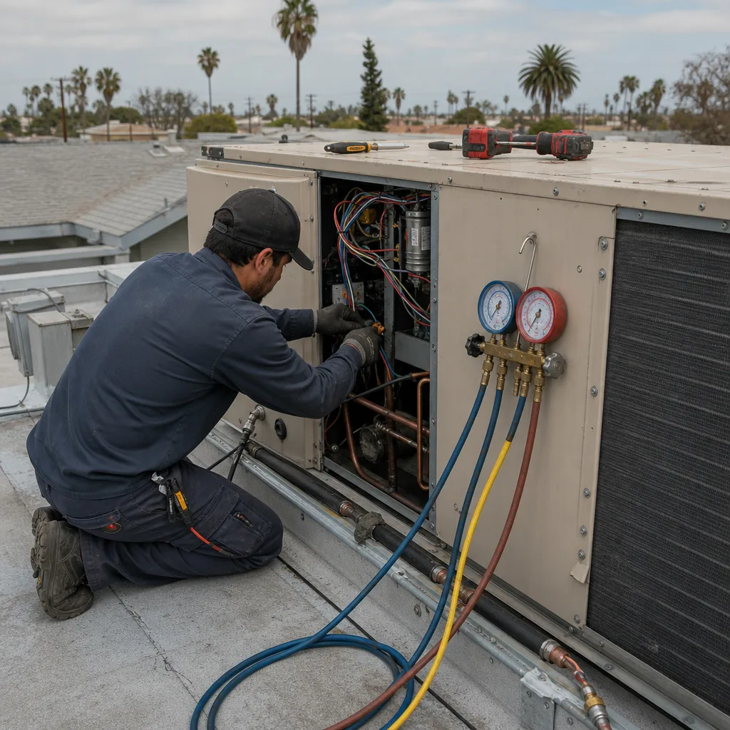 HVAC technician performing professional heat pump maintenance and installation on a rooftop